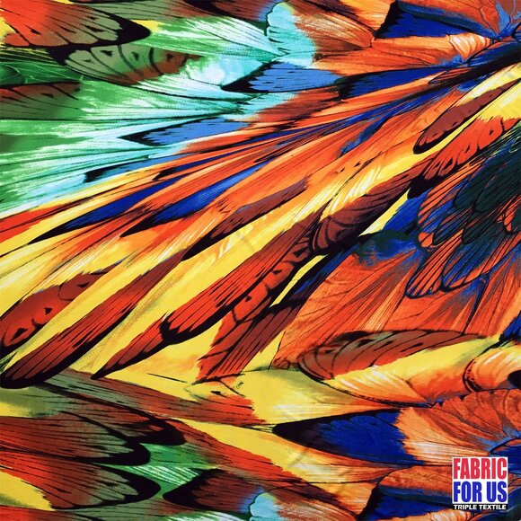 Big Wing Feathers Gold & Blue Print Design Stretch Fabric 58" Wide - Picture 1 of 3